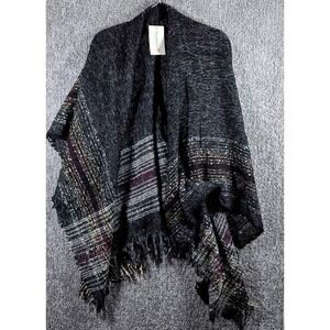 Pinklishous Oversized Knit Poncho Shawl Wrap Fringe Charcoal Gray‎